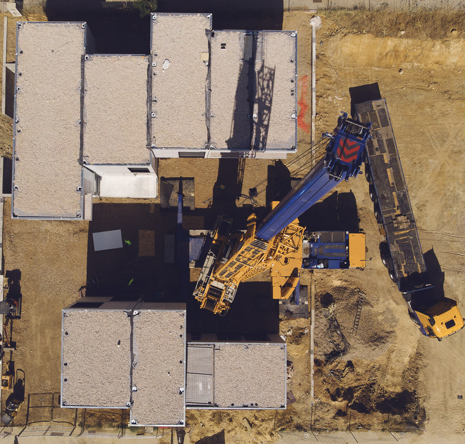 Implantation of an inHAUS custom home in Seville. Drone view.