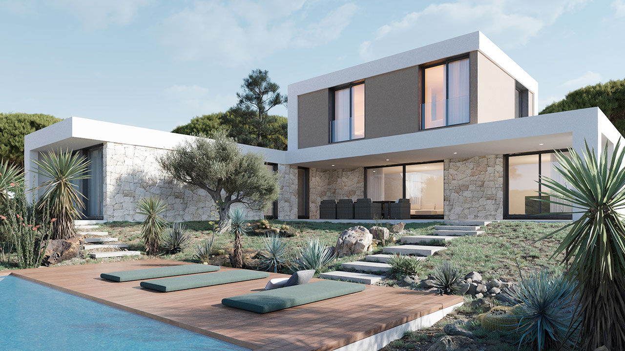 Maison modulaire haut de gamme du modèle Antibes. Modèle inHAUS de luxe avec piscine. Villa modulaire haut de gamme à Majorque.