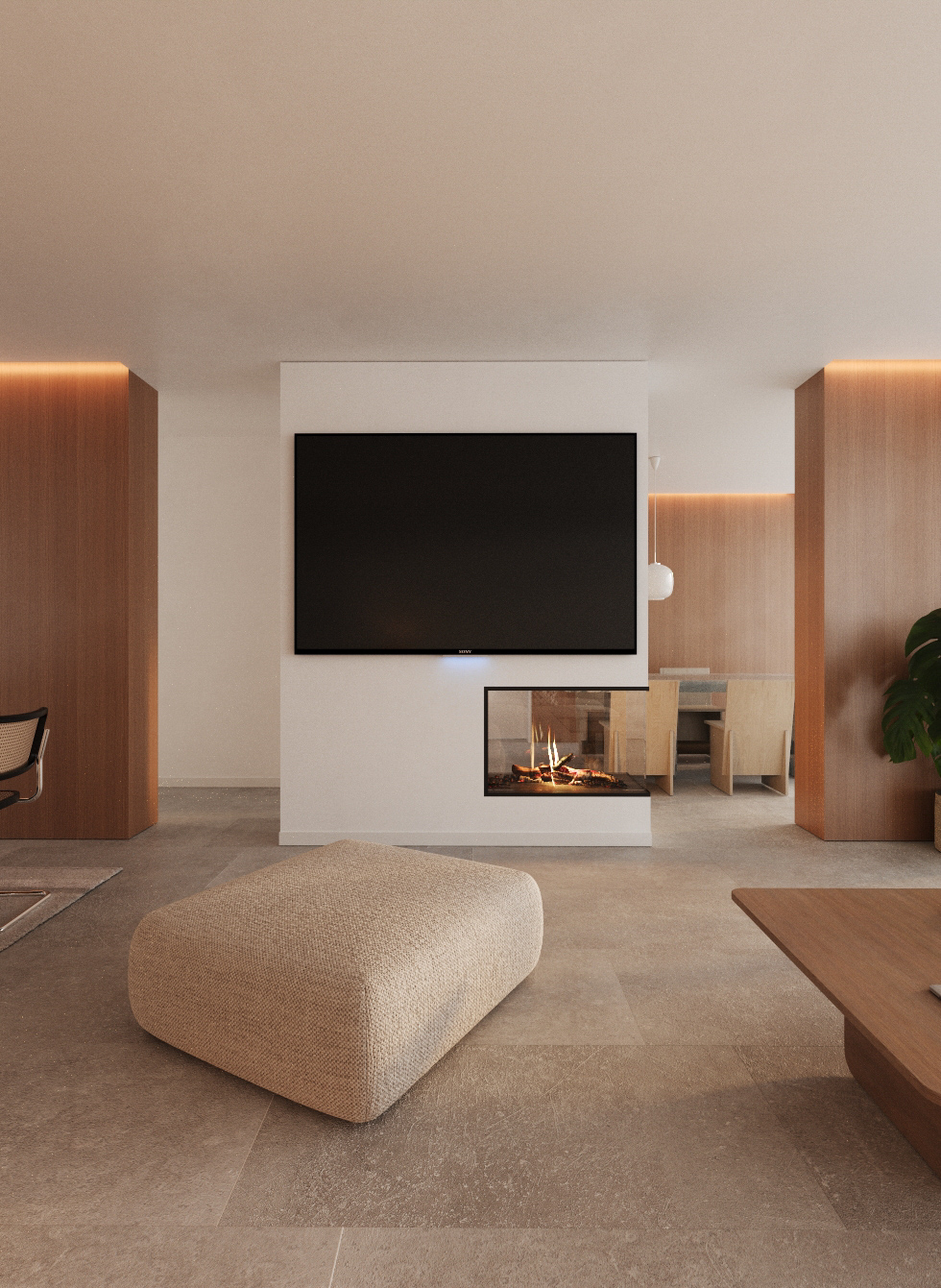 Infographie 3D -Maison modulaire design d'intérieur salon avec double hauteur