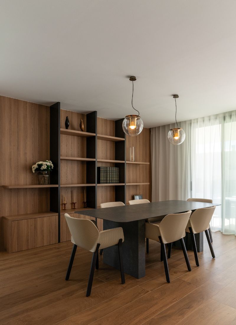Architecture d'intérieur salon meubles sur mesure en bois naturel