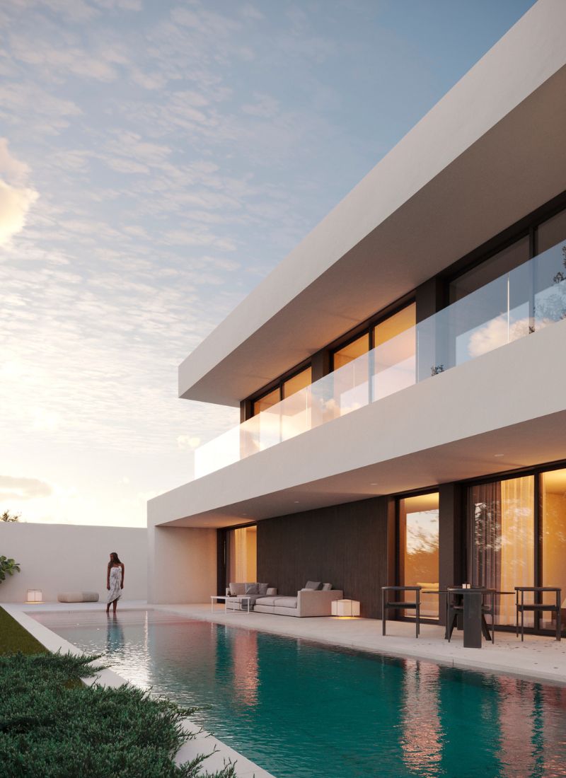Piscine et porte-à-faux dans façade maison préfabriquée Saint-tropez