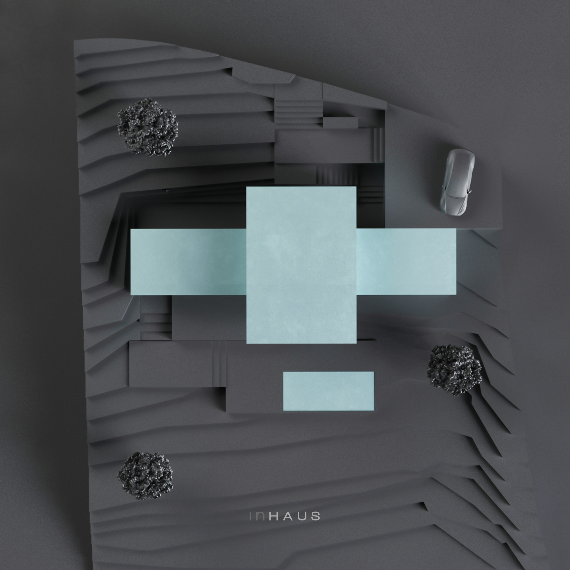 Maquette verte en 3D vue en coupe transversale des modules de la maison de luxe à Majorque