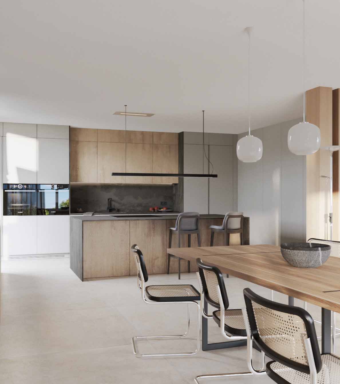 Rendu 3D avec conception intérieure de la cuisine avec îlot de la maison modulaire sur mesure