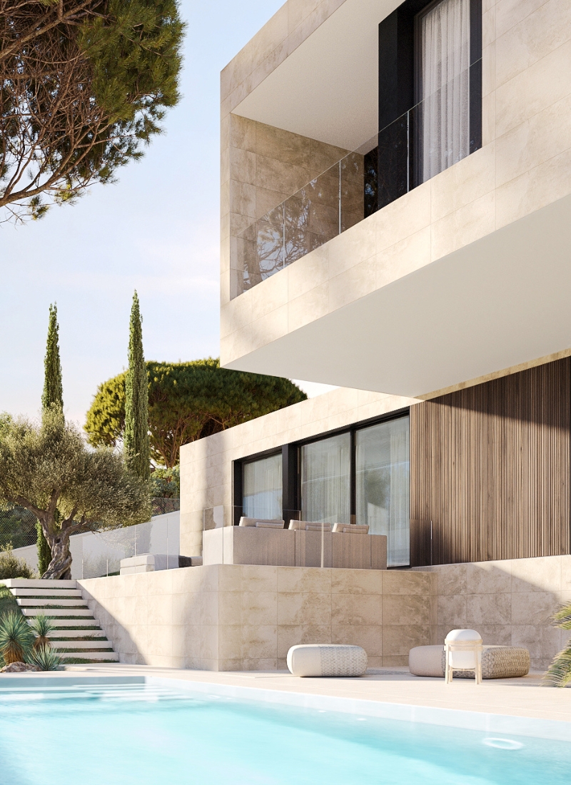 Rendu 3D de la terrasse et de la piscine de l'espace extérieur d'une maison de luxe à Majorque