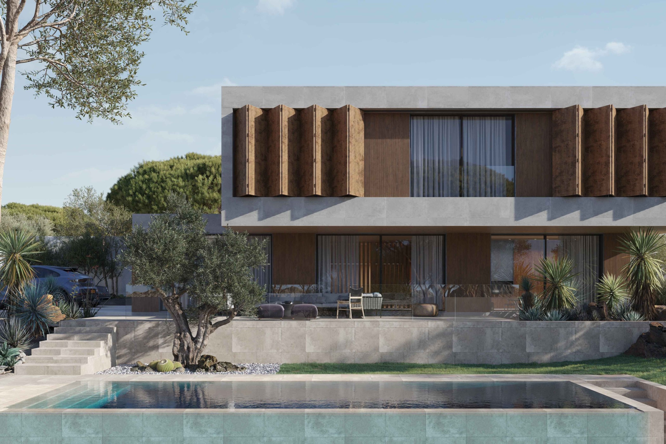 Rendu 3D avec vue depuis la façade avec piscine extérieure de la maison modulaire