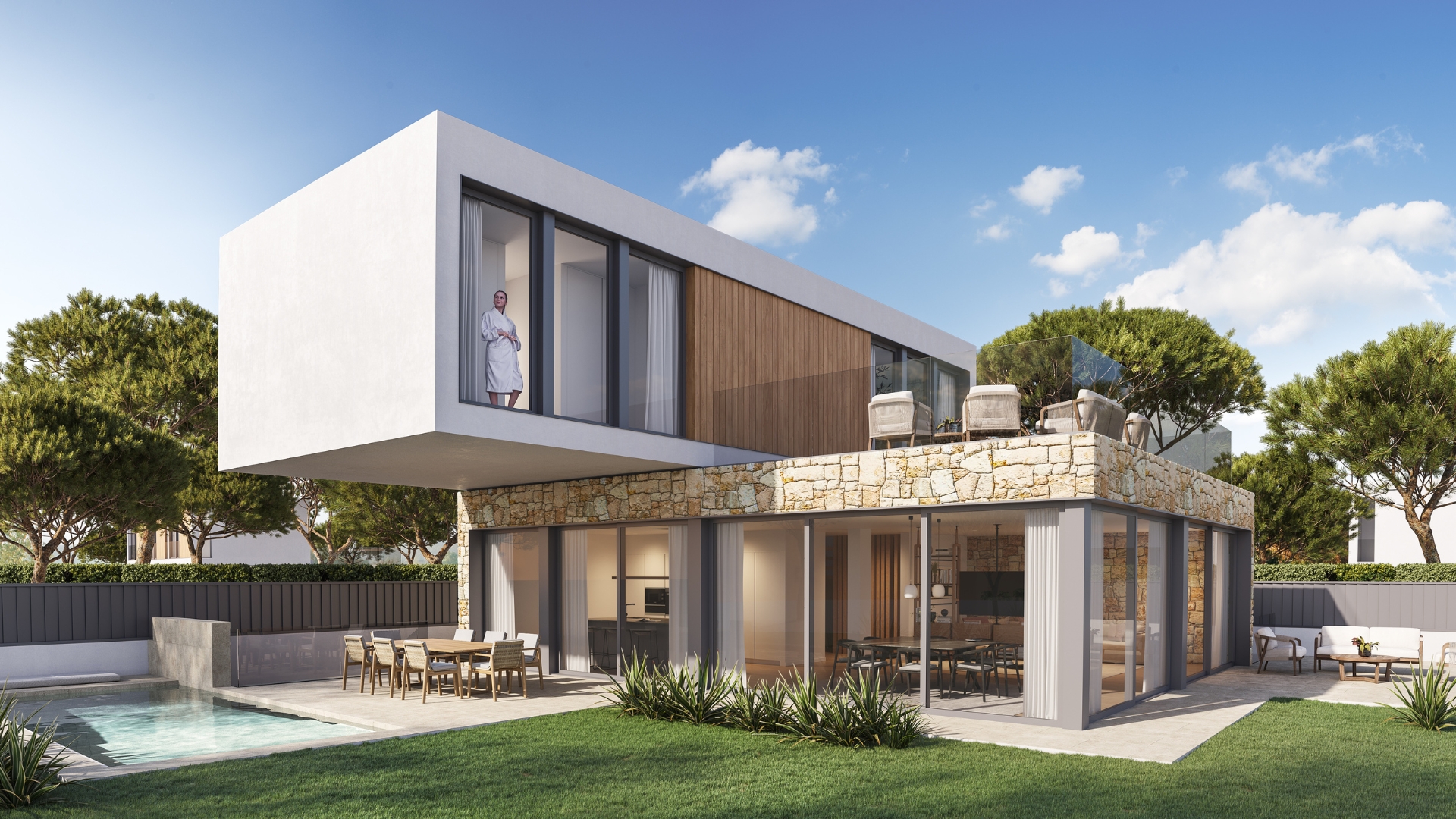 Rendu 3D d'une maison modulaire avec vue extérieure de la façade, du porte-à-faux et du porche