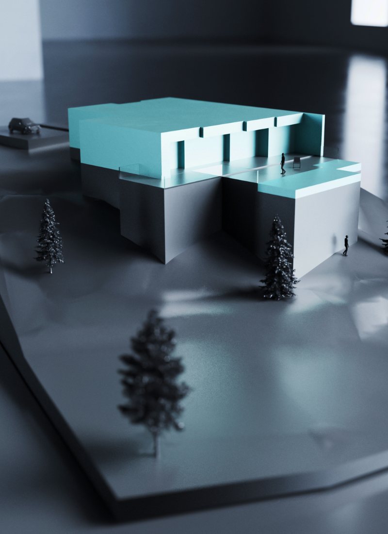 Maquette écologique maison modulaire en pente avec vue